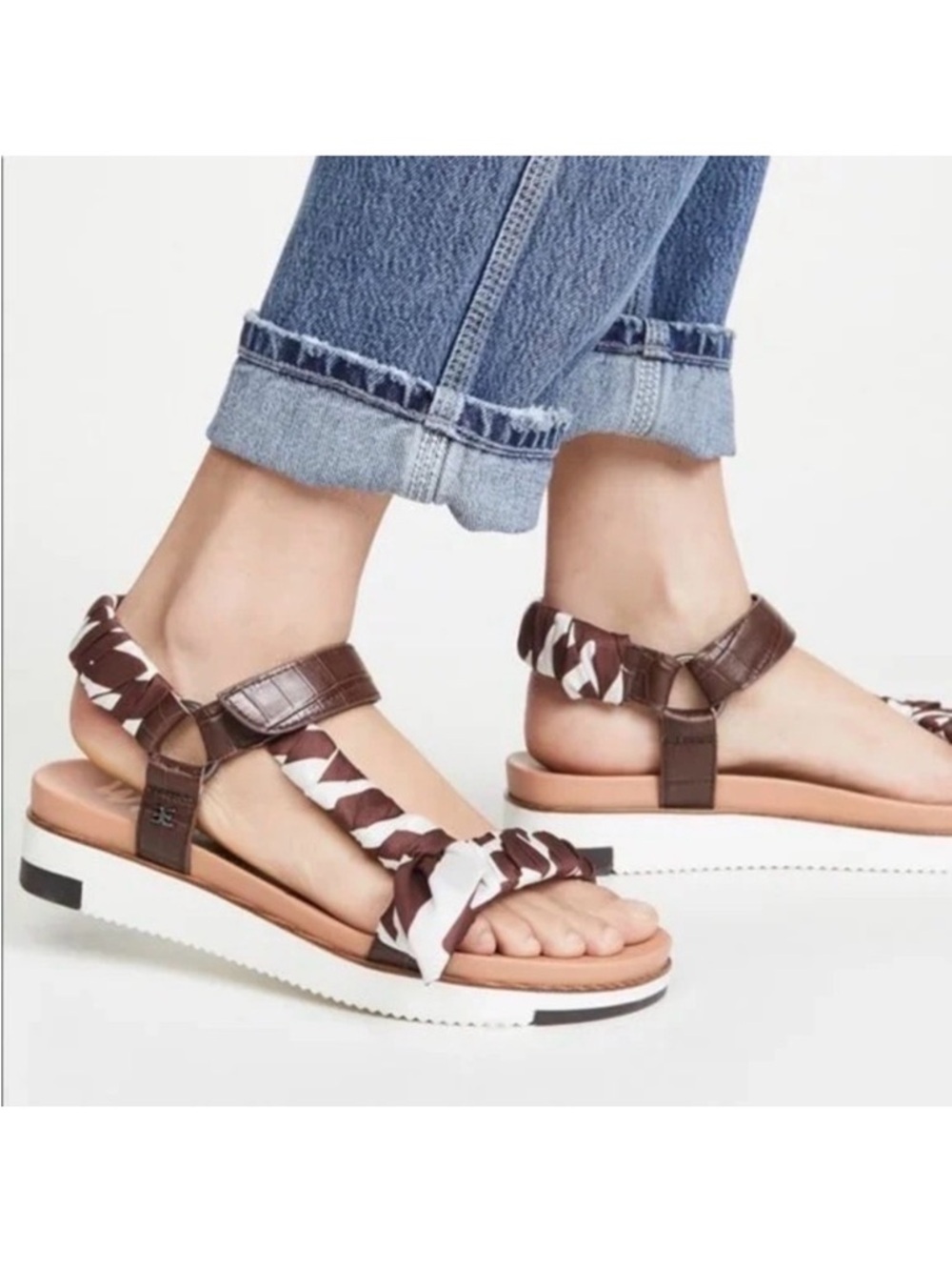 Sam Edelman Ashie Wedge Sandals Women’s Brown White Printed Scarf Wrap Size 8